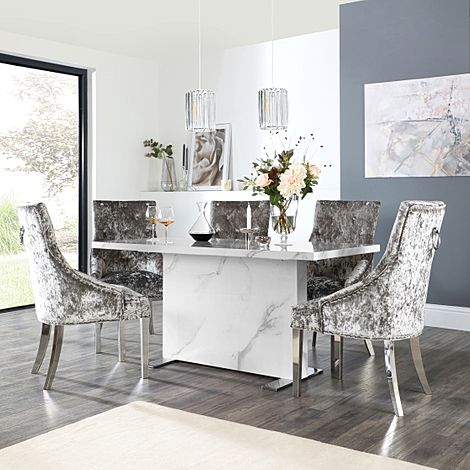 Magnus White Marble Dining Table with 4 Imperial Silver Crushed Velvet Chairs