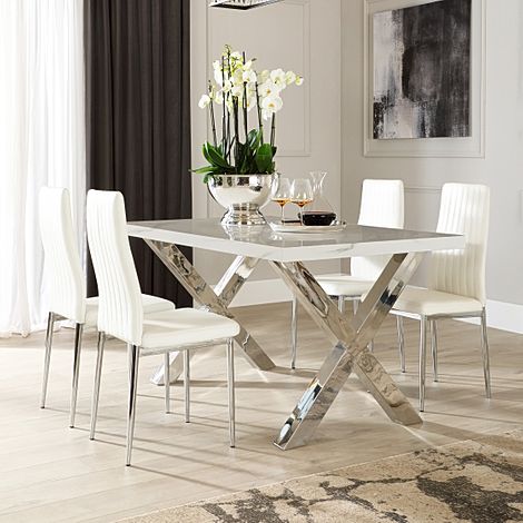 Carrera 150cm White Marble and Chrome Dining Table with 4 Leon White Leather Chairs