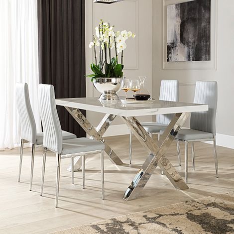 Carrera 150cm White Marble and Chrome Dining Table with 4 Leon Light Grey Leather Chairs
