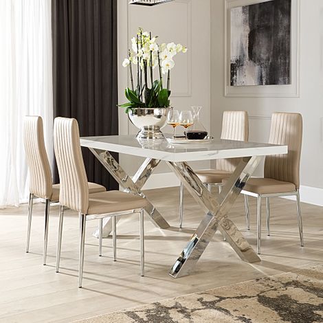 Carrera 150cm White Marble and Chrome Dining Table with 4 Leon Stone Grey Leather Chairs