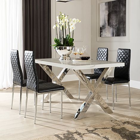 Carrera 150cm White Marble and Chrome Dining Table with 4 Renzo Black Leather Chairs