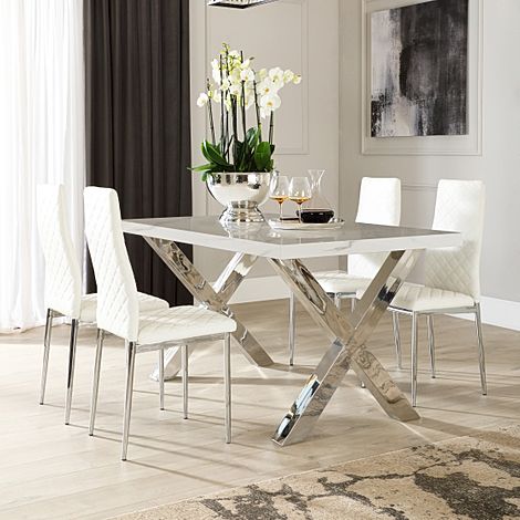Carrera 150cm White Marble and Chrome Dining Table with 4 Renzo White Leather Chairs