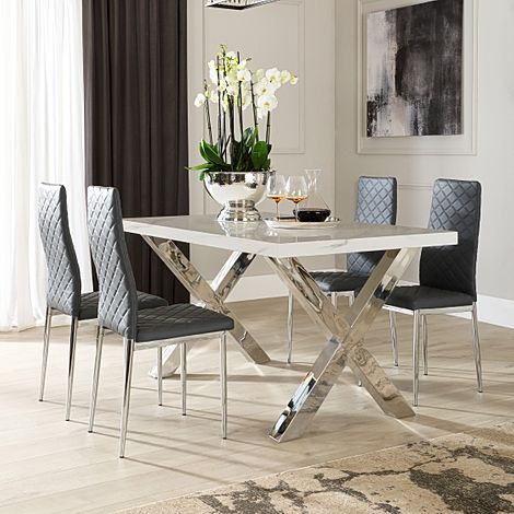Carrera 150cm White Marble and Chrome Dining Table with 4 Renzo Grey Leather Chairs