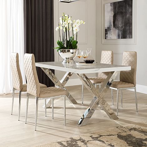 Carrera 150cm White Marble and Chrome Dining Table with 4 Renzo Stone Grey Leather Chairs