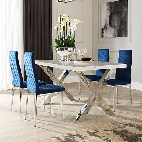 Carrera 150cm White Marble and Chrome Dining Table with 4 Renzo Blue Velvet Chairs