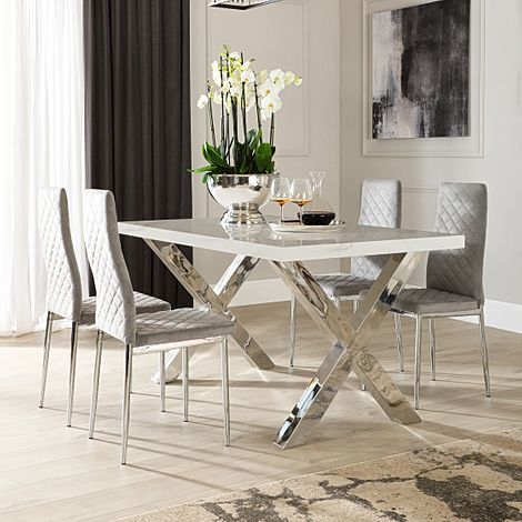 Carrera 150cm White Marble and Chrome Dining Table with 4 Renzo Grey Velvet Chairs