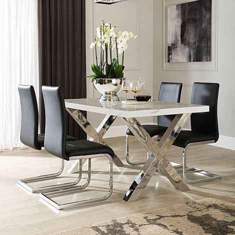 Carrera 150cm White Marble and Chrome Dining Table with 4 Perth Black Leather Chairs