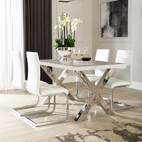 Carrera 150cm White Marble and Chrome Dining Table with 4 Perth White Leather Chairs