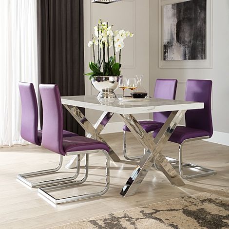 Carrera 150cm White Marble and Chrome Dining Table with 4 Perth Purple Leather Chairs
