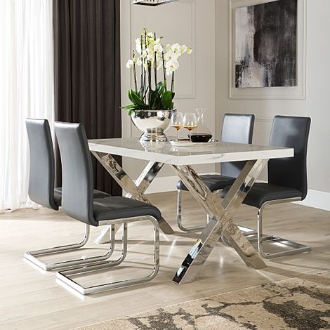 Carrera 150cm White Marble and Chrome Dining Table with 4 Perth Grey Leather Chairs