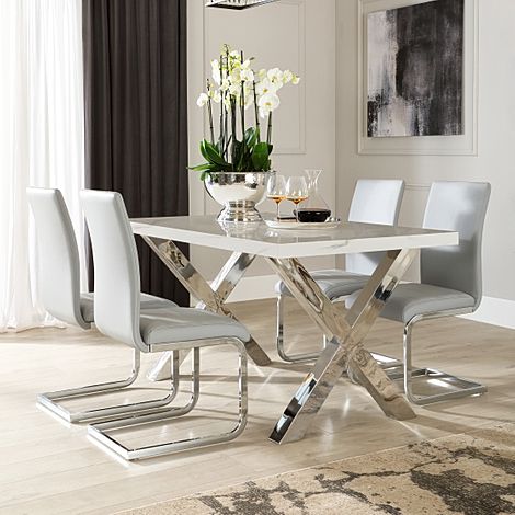 Carrera 150cm White Marble and Chrome Dining Table with 4 Perth Light Grey Leather Chairs