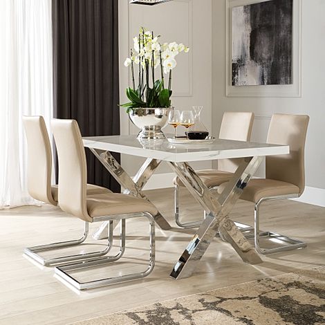 Carrera 150cm White Marble and Chrome Dining Table with 4 Perth Stone Grey Leather Chairs