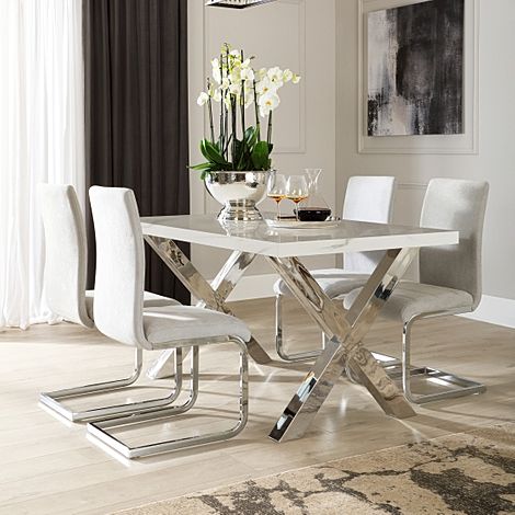 Carrera 150cm White Marble and Chrome Dining Table with 4 Perth Dove Grey Fabric Chairs