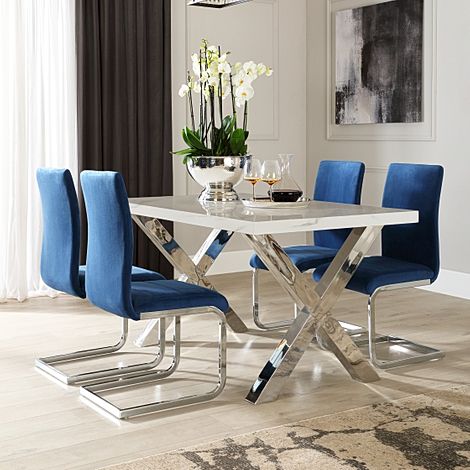 Carrera 150cm White Marble and Chrome Dining Table with 4 Perth Blue Velvet Chairs
