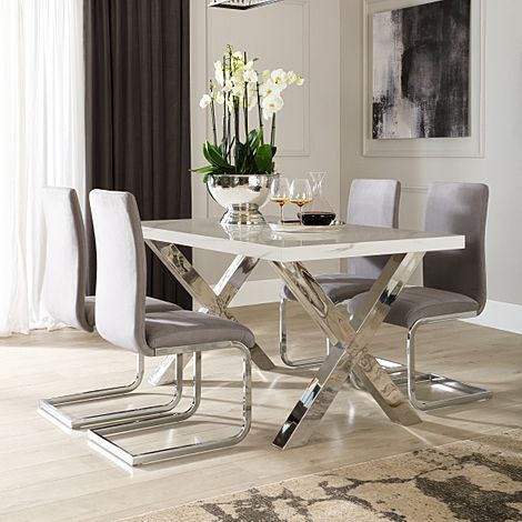 Carrera 150cm White Marble and Chrome Dining Table with 4 Perth Grey Velvet Chairs