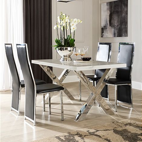 Carrera 150cm White Marble and Chrome Dining Table with 4 Celeste Black Leather Chairs