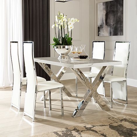 Carrera 150cm White Marble and Chrome Dining Table with 4 Celeste White Leather Chairs