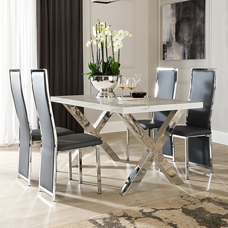 Carrera 150cm White Marble and Chrome Dining Table with 4 Celeste Grey Leather Chairs