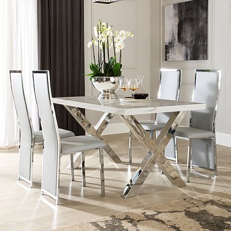 Carrera 150cm White Marble and Chrome Dining Table with 4 Celeste Light Grey Leather Chairs