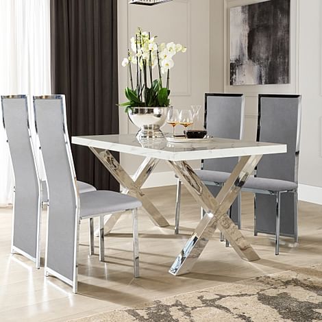 Carrera 150cm White Marble and Chrome Dining Table with 4 Celeste Grey Velvet Chairs