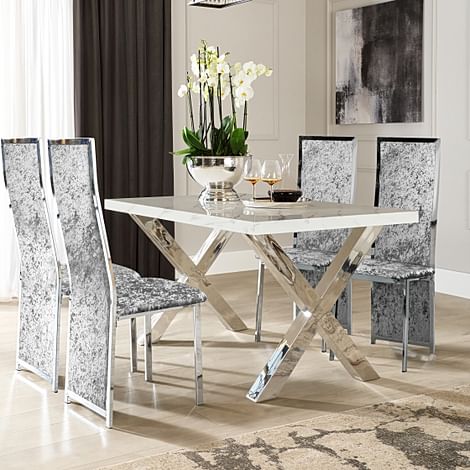 Carrera 150cm White Marble and Chrome Dining Table with 4 Celeste Silver Crushed Velvet Chairs