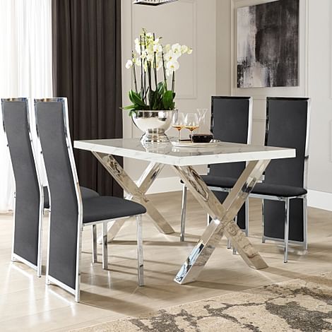 Carrera 150cm White Marble and Chrome Dining Table with 4 Celeste Black Velvet Chairs