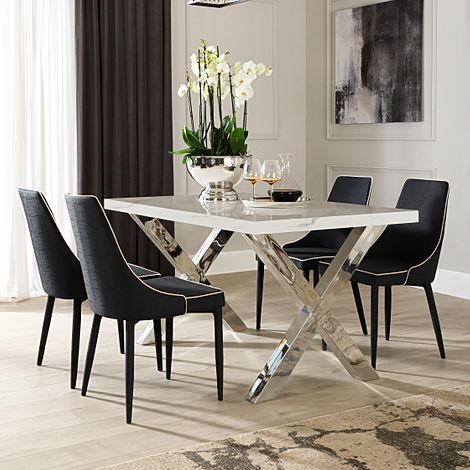Carrera 150cm White Marble and Chrome Dining Table with 4 Modena Black Fabric Chairs