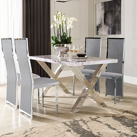 Carrera 150cm Grey Marble and Chrome Dining Table with 4 Celeste Grey Velvet Chairs