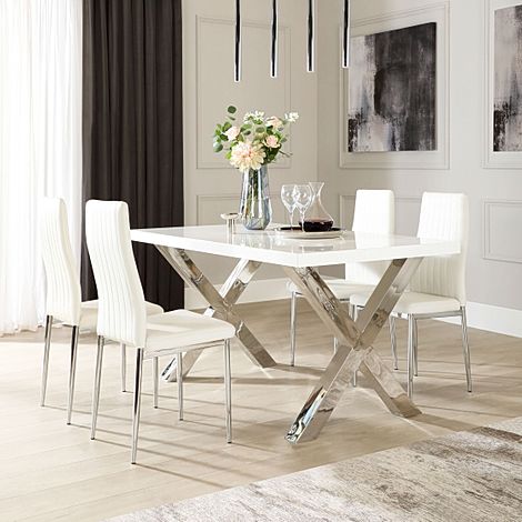 Carrera 150cm White High Gloss and Chrome Dining Table with 4 Leon White Leather Chairs