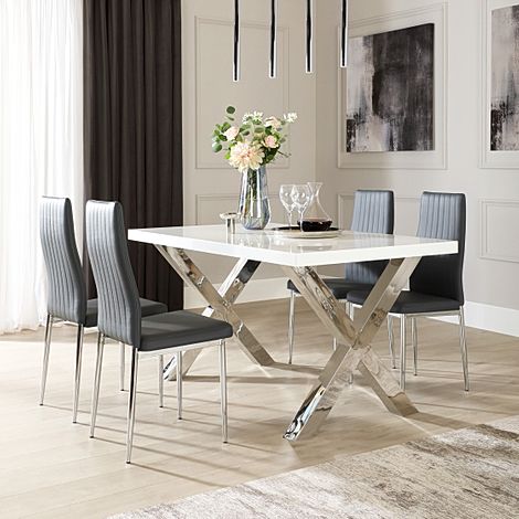 Carrera 150cm White High Gloss and Chrome Dining Table with 4 Leon Grey Leather Chairs