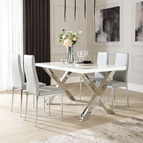 Carrera 150cm White High Gloss and Chrome Dining Table with 4 Leon Light Grey Leather Chairs