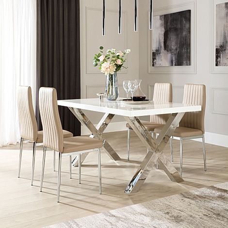 Carrera 150cm White High Gloss and Chrome Dining Table with 4 Leon Stone Grey Leather Chairs