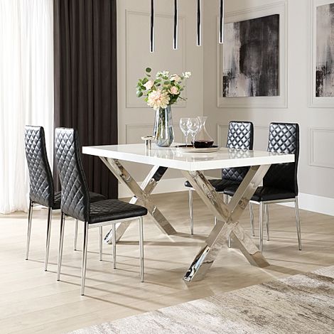 Carrera 150cm White High Gloss and Chrome Dining Table with 4 Renzo Black Leather Chairs