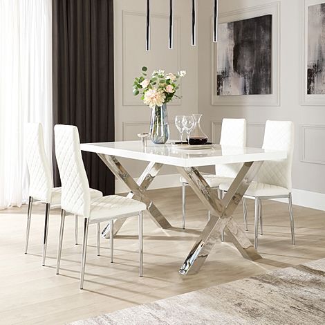 Carrera 150cm White High Gloss and Chrome Dining Table with 4 Renzo White Leather Chairs