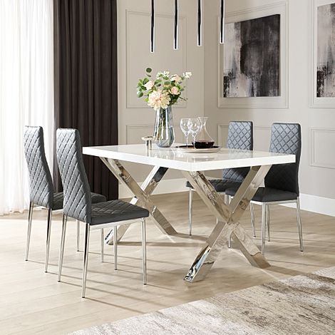 Carrera 150cm White High Gloss and Chrome Dining Table with 4 Renzo Grey Leather Chairs