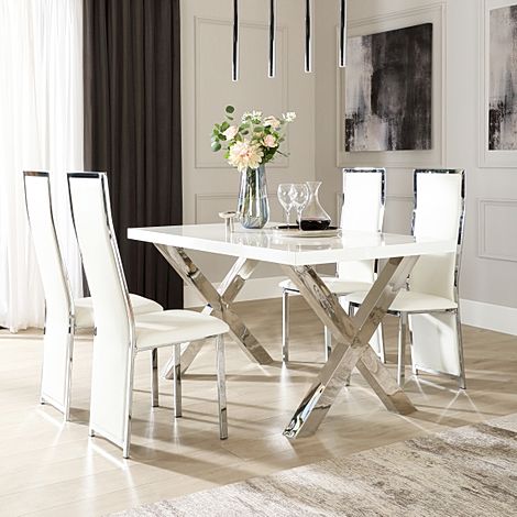 Carrera 150cm White High Gloss and Chrome Dining Table with 4 Celeste White Leather Chairs