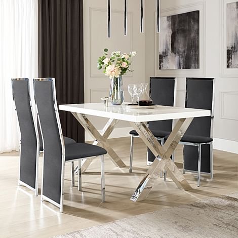 Carrera 150cm White High Gloss and Chrome Dining Table with 4 Celeste Black Velvet Chairs