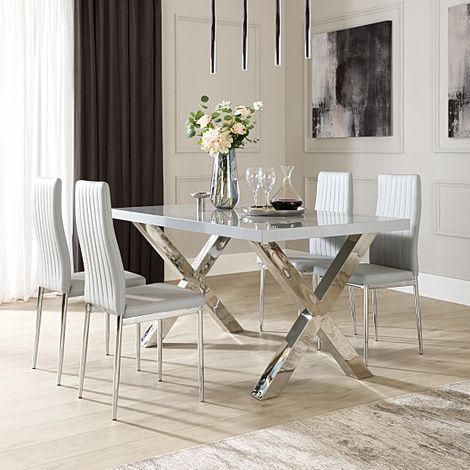 Carrera 150cm Grey High Gloss and Chrome Dining Table with 4 Leon Light Grey Leather Chairs