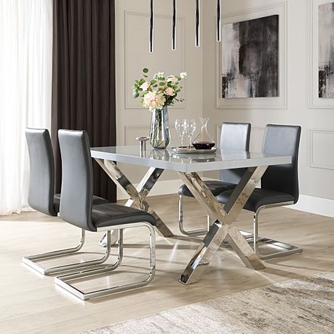Carrera Dining Table & 4 Perth Chairs, Grey High Gloss & Chrome, Grey Classic Faux Leather, 150cm