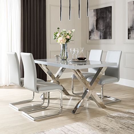 Carrera Dining Table & 4 Perth Chairs, Grey High Gloss & Chrome, Light Grey Classic Faux Leather, 150cm