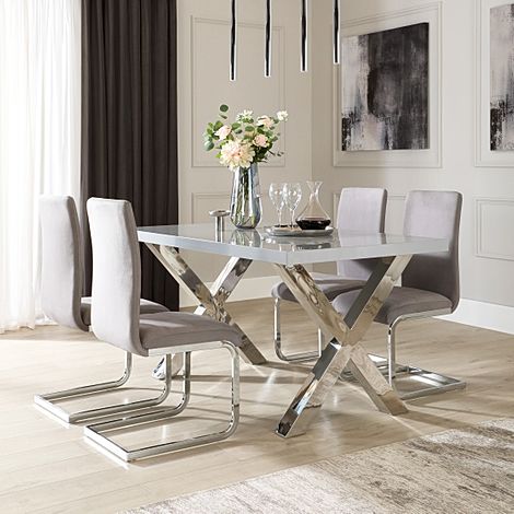 Carrera Dining Table & 4 Perth Chairs, Grey High Gloss & Chrome, Grey Classic Velvet, 150cm
