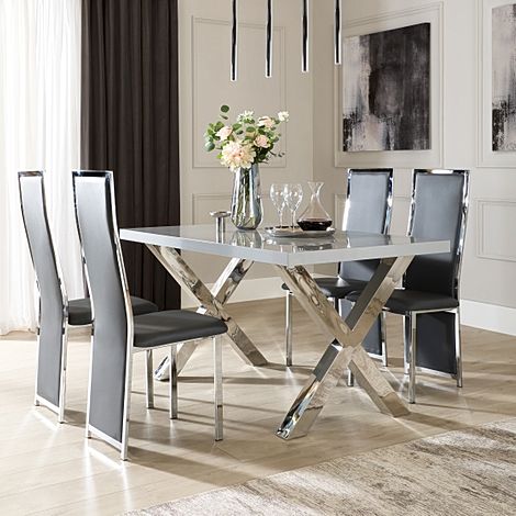 Carrera 150cm Grey High Gloss and Chrome Dining Table with 4 Celeste Grey Leather Chairs