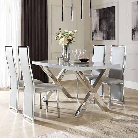 Carrera 150cm Grey High Gloss and Chrome Dining Table with 4 Celeste Light Grey Leather Chairs