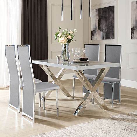 Carrera 150cm Grey High Gloss and Chrome Dining Table with 4 Celeste Grey Velvet Chairs