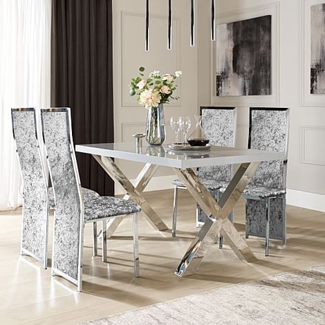Carrera 150cm Grey High Gloss and Chrome Dining Table with 4 Celeste Silver Crushed Velvet Chairs