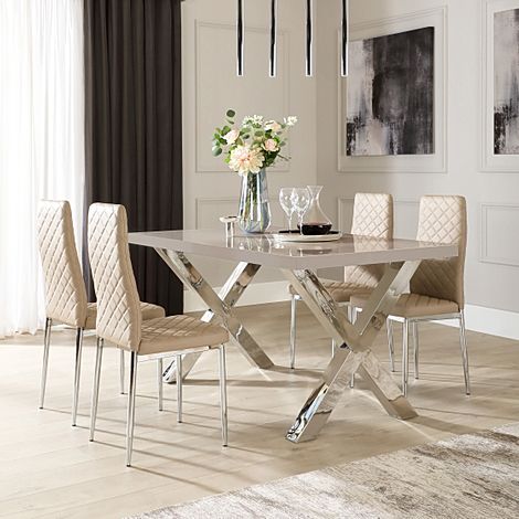 Carrera Dining Table & 4 Renzo Chairs, Stone Grey High Gloss & Chrome, Stone Grey Classic Faux Leather, 150cm