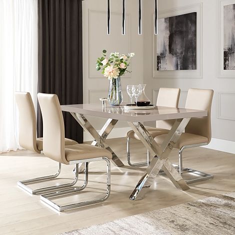 Carrera 150cm Stone Grey High Gloss and Chrome Dining Table with 4 Perth Stone Grey Leather Chairs