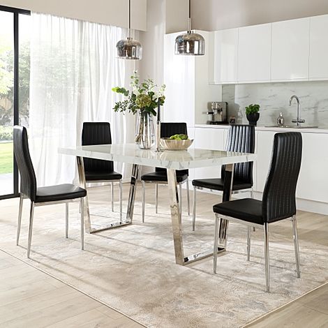 Milento 150cm White Marble and Chrome Dining Table with 4 Leon Black Leather Chairs