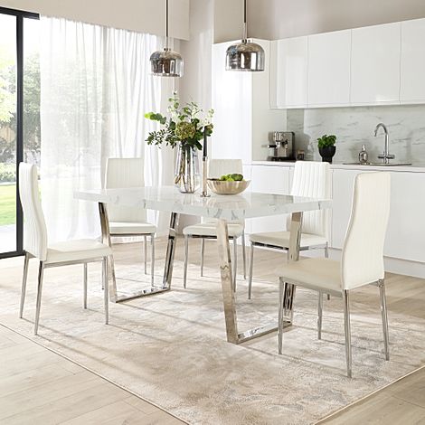 Milento 150cm White Marble and Chrome Dining Table with 4 Leon White Leather Chairs