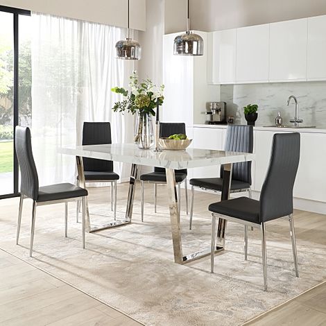 Milento 150cm White Marble and Chrome Dining Table with 4 Leon Grey Leather Chairs